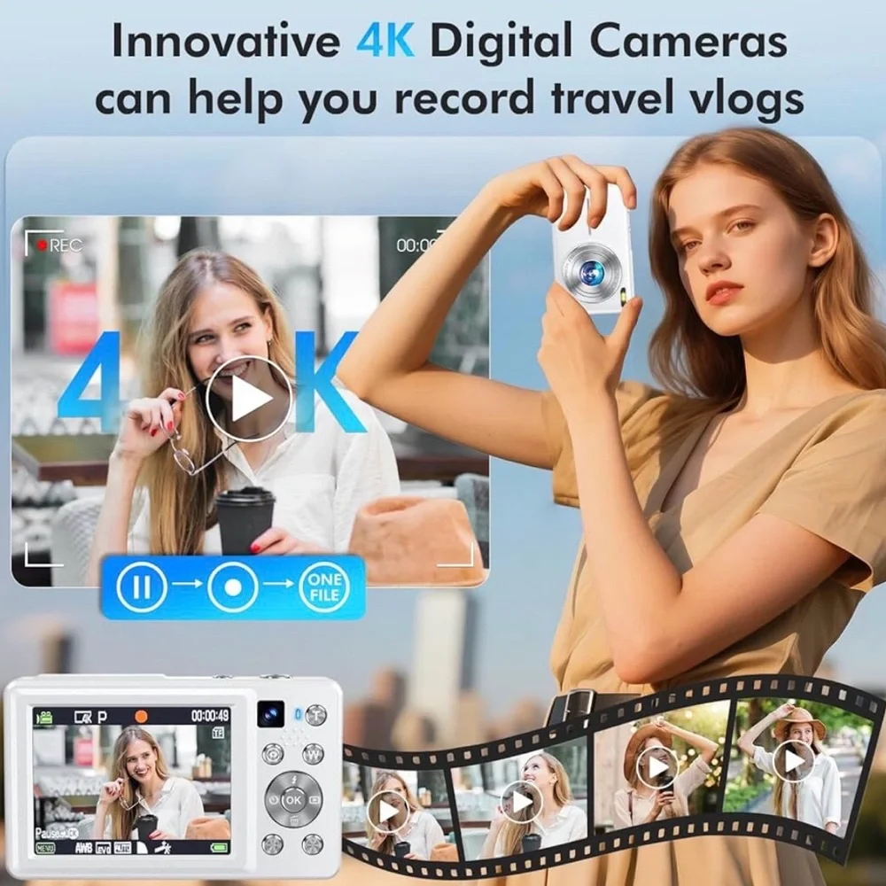 White 4K Compact Digital Camera with LCD Display